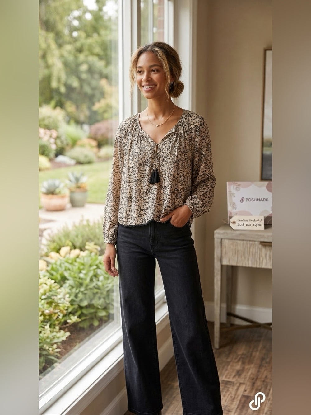 Free People Tassel Tie Floral Peasant Blouse - Cream/Black